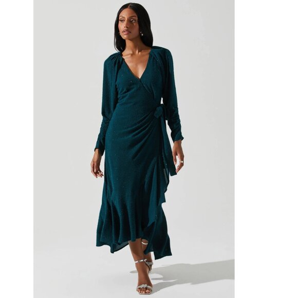 *NEW* ASTR The Label "Zenaida" Forest Green Long-Sleeve Wrap Dress, XS - Picture 1 of 7